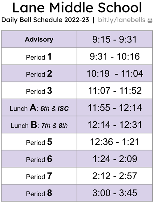Lane Middle School Daily Bell Schedule 2022-23
